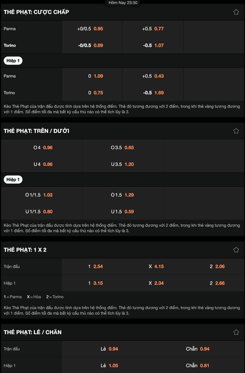 Các dạng kèo thẻ phạt phổ biến