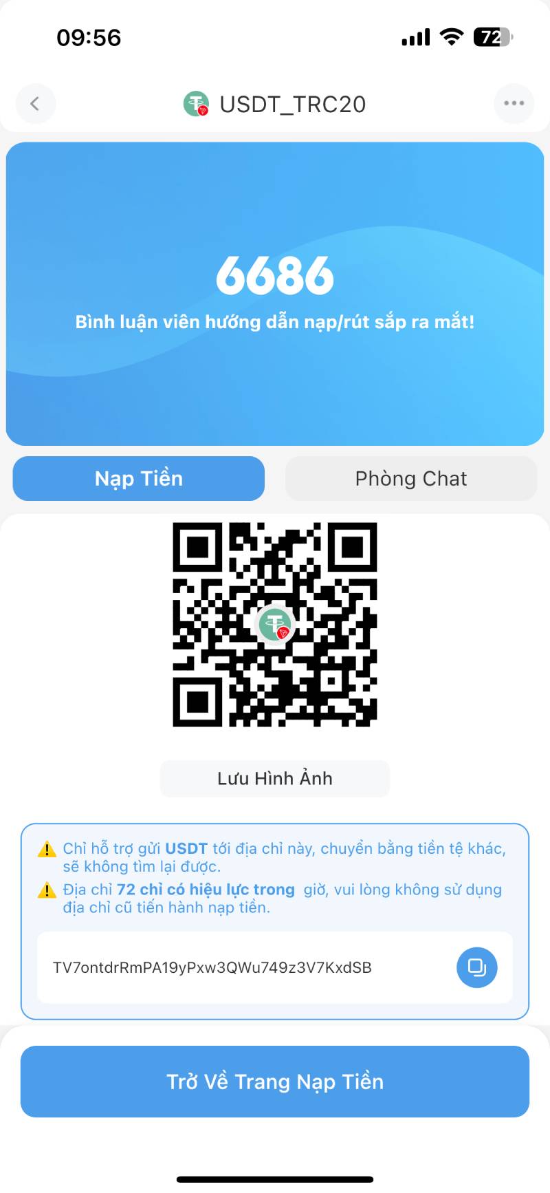 Hướng dẫn nạp tiền bằng Crypto (ví dụ với USDT):